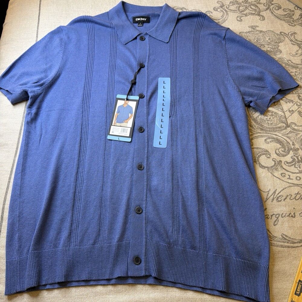 DKNY Button Front Sweater Mens L Blue Cotton Blend Short Sleeve Polo